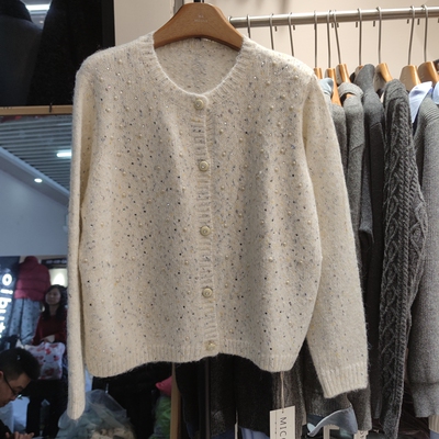 8816秋冬女圆领长袖针织衫毛衣开衫外套烫钻钉珠宽松上衣早春