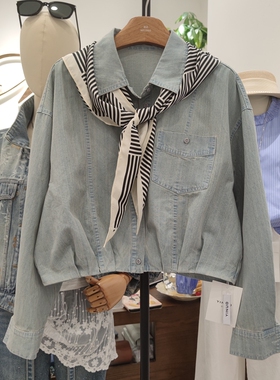 26137春季新款韩系小个子条纹卷边袖口短款衬衫女时尚上衣配领巾