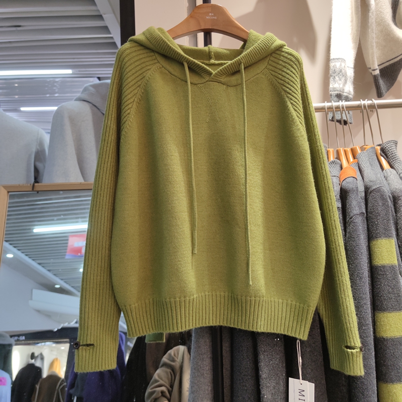 1950秋冬新款女连帽长袖纯色针织衫毛衣套头宽松打底衫上衣