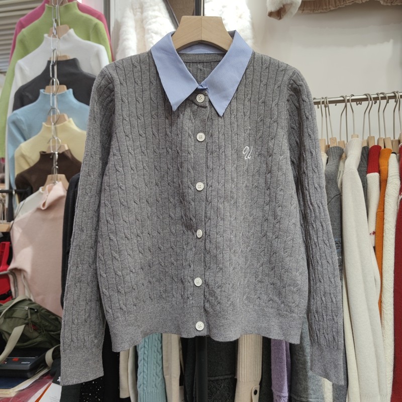 9912秋冬女翻领长袖针织衫毛衣开衫外套宽松假两件麻花上衣,女装/女士精品,毛针织衫,淘宝优惠券,粉丝福利购,淘宝优惠卷