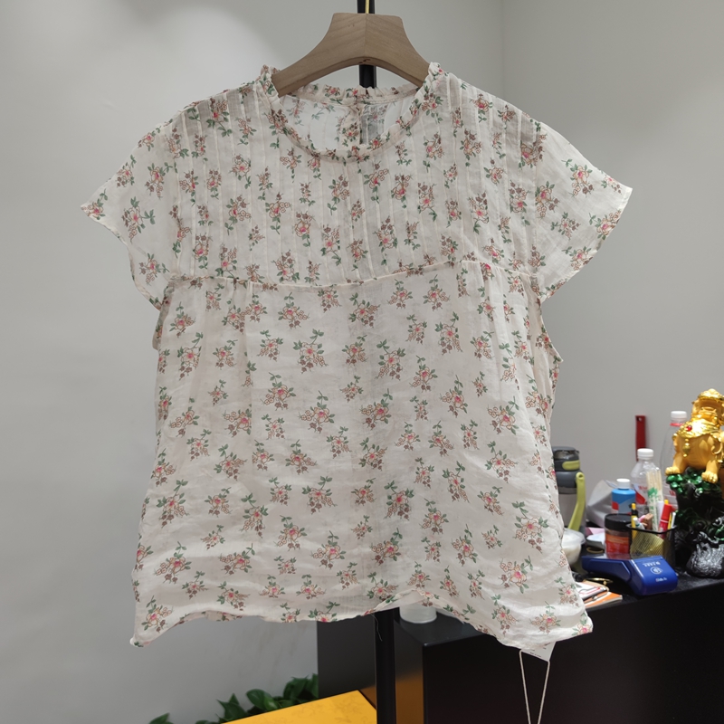 缇素5291-2短袖圆领碎花苎麻棉麻衬衫风琴压褶专柜品质夏季女装