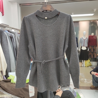 7791秋冬新款女挂脖长袖纯色针织衫毛衣宽松中长款腰带打底衫