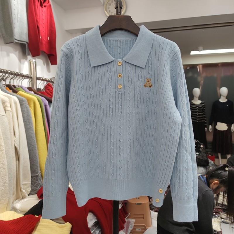 8145秋冬女翻领长袖针织衫毛衣套头打底衫麻花小熊宽松专柜品质