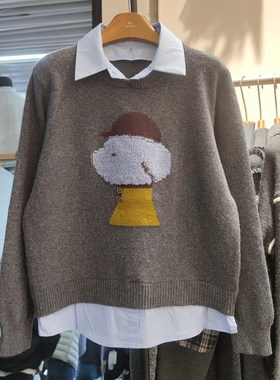 65182秋冬新款女翻领长袖针织衫毛衣套头假两件宽松专柜品质