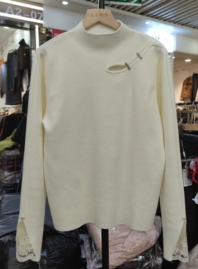 25213春季女半高领长袖针织衫毛衣上衣蕾丝花边领口打底衫镂空