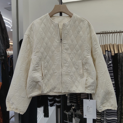 6215休闲设计感简约圆领长袖短外套女秋季显瘦夹克宽松菱格拉链