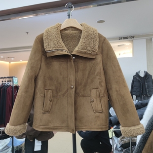 外套加绒加厚皮毛一体麂皮绒修身 760冬季 短款 女翻领长袖 新款