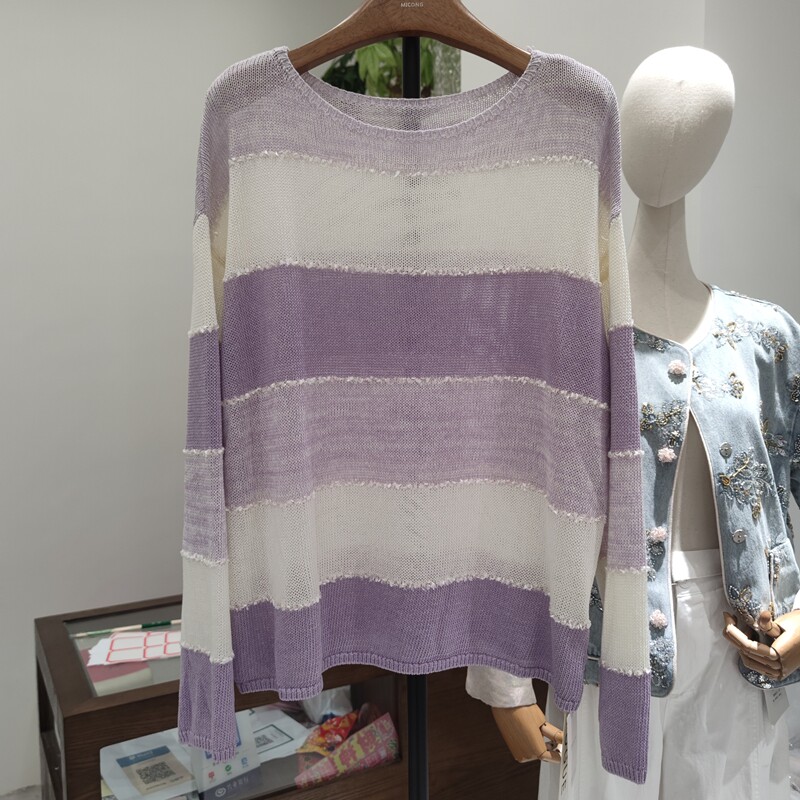 5280春季女圆领长袖针织衫拼色套头镂空条纹打底衫上衣简约花色