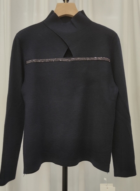 58605秋冬女半高领长袖针织衫毛衣套头镂空烫钻上衣打底衫早春