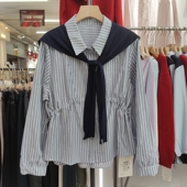 条纹衬衫 88502春季 翻领长袖 女装 披肩两件套女宽松显瘦上衣女 新款