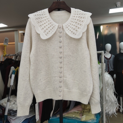 7822秋冬新款女蕾丝娃娃领长袖针织衫毛衣开衫外套宽松专柜品质