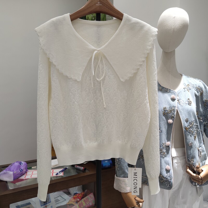 765020春季新款女装娃娃领长袖针织衫女宽松蕾丝提花打底衫上衣