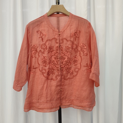 8026短袖圆领刺绣花苎麻棉麻衬衫小个子上衣专柜品质夏季女装