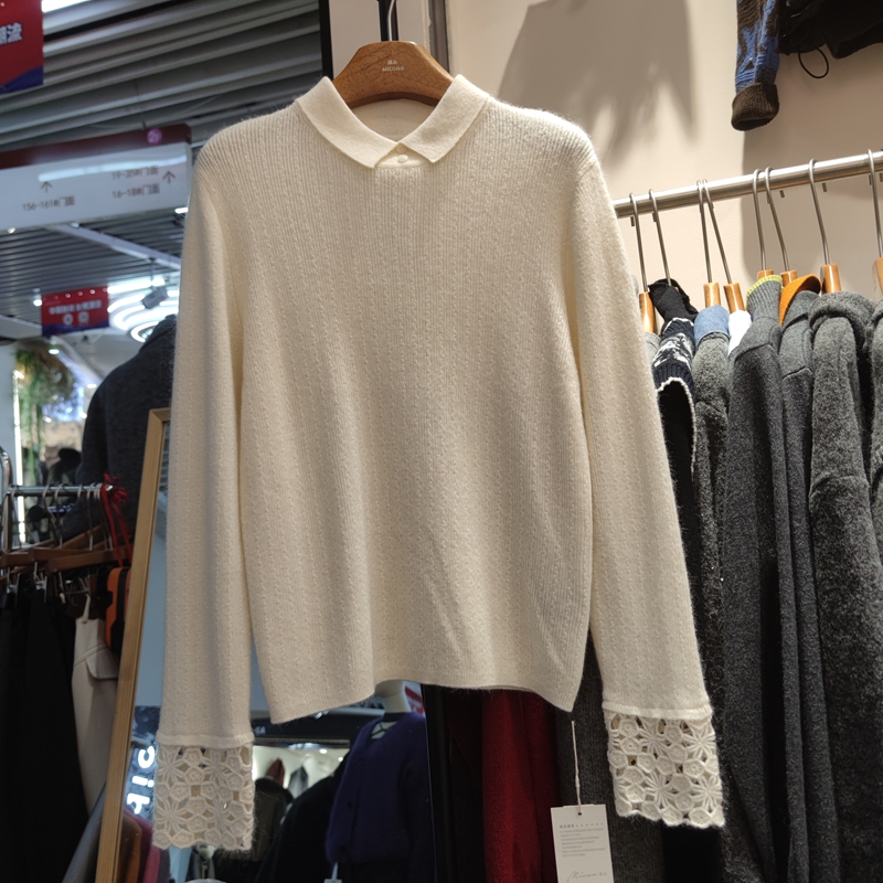 99019秋冬新款女娃娃领长袖针织衫毛衣蕾丝花边袖打底衫专柜品质