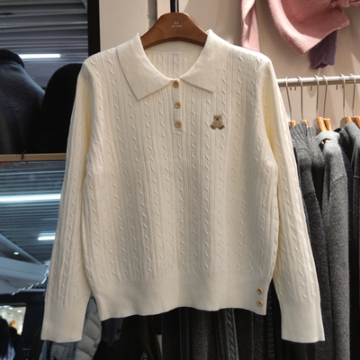 8145秋冬女翻领长袖针织衫毛衣套头打底衫麻花小熊宽松专柜品质