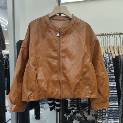 25099休闲设计感简约圆领长袖皮衣短外套女秋季显瘦上衣宽松拉链