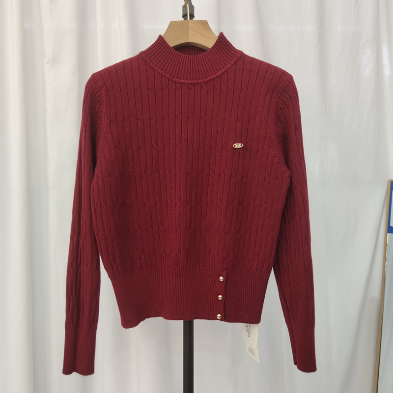 58610秋冬新款女半高领长袖纯色针织衫毛衣套头麻花钉珠打底衫