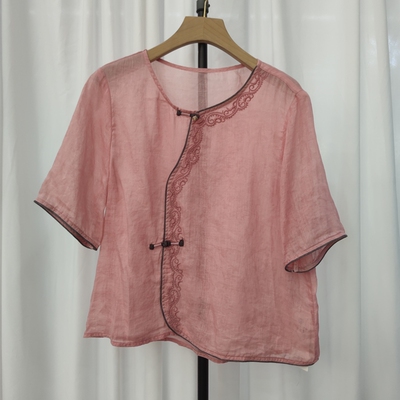 6836春夏新款女装圆领短袖衬衫女宽松显瘦新中式国风苎麻棉麻休闲