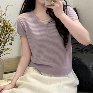 针织衫 V领短袖 女宽松显瘦上衣天丝棉休闲假两件 女装 9010春夏新款