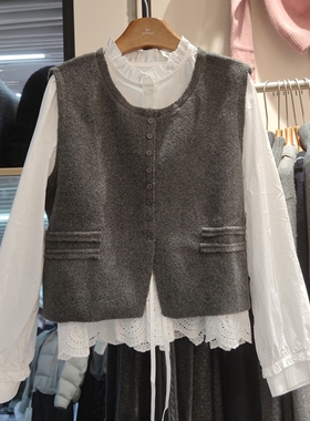 5939秋冬女长袖木耳边衬衫圆领长袖针织衫毛衣宽松马甲两件套早春