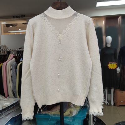 327法式蕾丝网纱针织衫女秋冬打底衫加绒加厚一体绒磨毛棉毛衣