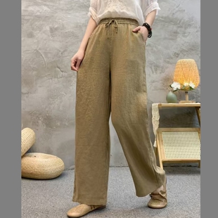JH68275夏季新款抽绳松紧腰阔腿直筒亚麻棉麻裤子小个子女装