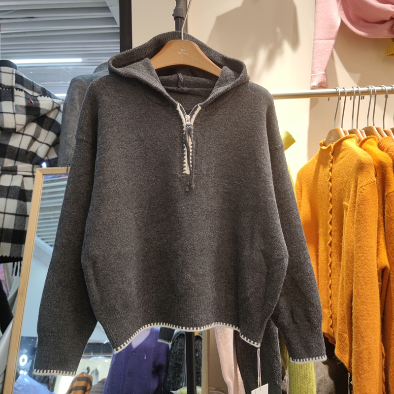 8081休闲设计感半拉链连帽长袖针织衫女秋冬宽松纯色毛衣打底衫