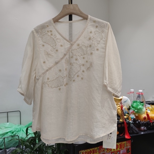 新款 女宽松显瘦新中式 女装 衬衫 国风苎麻棉麻 V领短袖 麻然510夏季