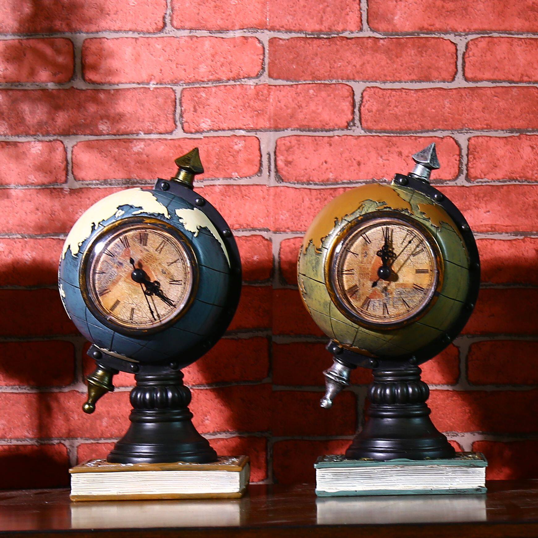 欧式风复古地球仪时钟树脂工艺品
