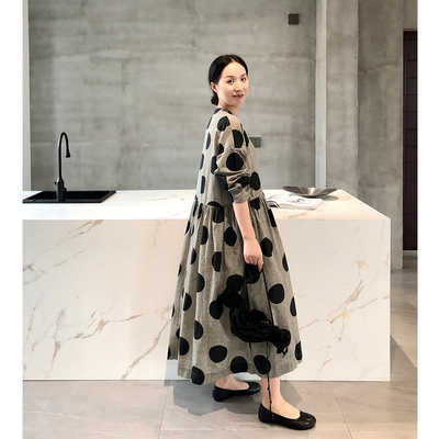 复古H型纯棉波点七分袖连衣裙
