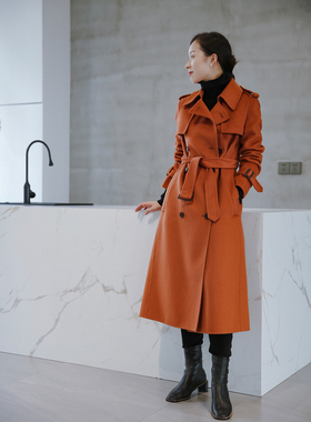 ALIN稀少牛货M原厂订单 GAO克重水波纹双面手工羊绒羊毛长大衣