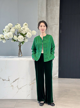 ALIN低调的裤子肤感惊艳 墨绿色100%桑蚕丝丝绒松紧腰直筒阔腿裤