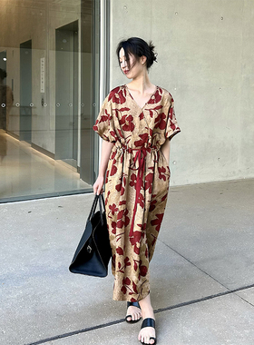 ALIN进口定织纤维丝亚麻提花 脏染禅意中式枝叶红花抽绳连衣裙