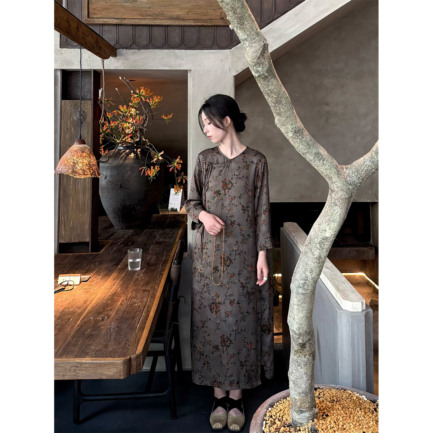 ALIN【汲品桑蚕丝】定织好料植物脏染蔷薇碎花斜襟系带袍子连衣裙