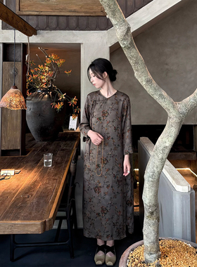 ALIN【汲品桑蚕丝】定织好料植物脏染蔷薇碎花斜襟系带袍子连衣裙
