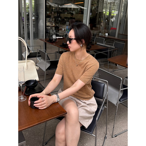 ALIN意大利BIAGIOLI MODESTO进口纱线山羊绒野金蚕丝短袖针织衫