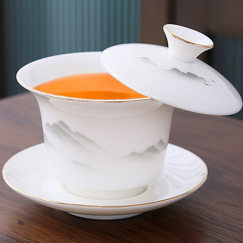 羊脂玉白瓷盖碗茶杯泡茶碗陶瓷茶具喝茶德化功夫茶具悬停三才盖碗
