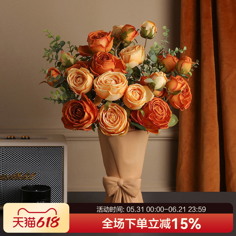 贝汉美高档玫瑰花绢花假花仿真花束摆设客厅室内装饰花卉套装摆件