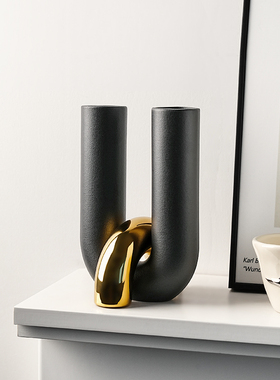 贝汉美轻奢创意简约U型交叉花瓶摆件客厅玄关电视柜磨砂陶瓷花器