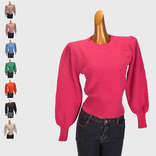 法式圆领泡泡袖针织打底衫女秋冬新款法式修身短款小个子内搭毛衣