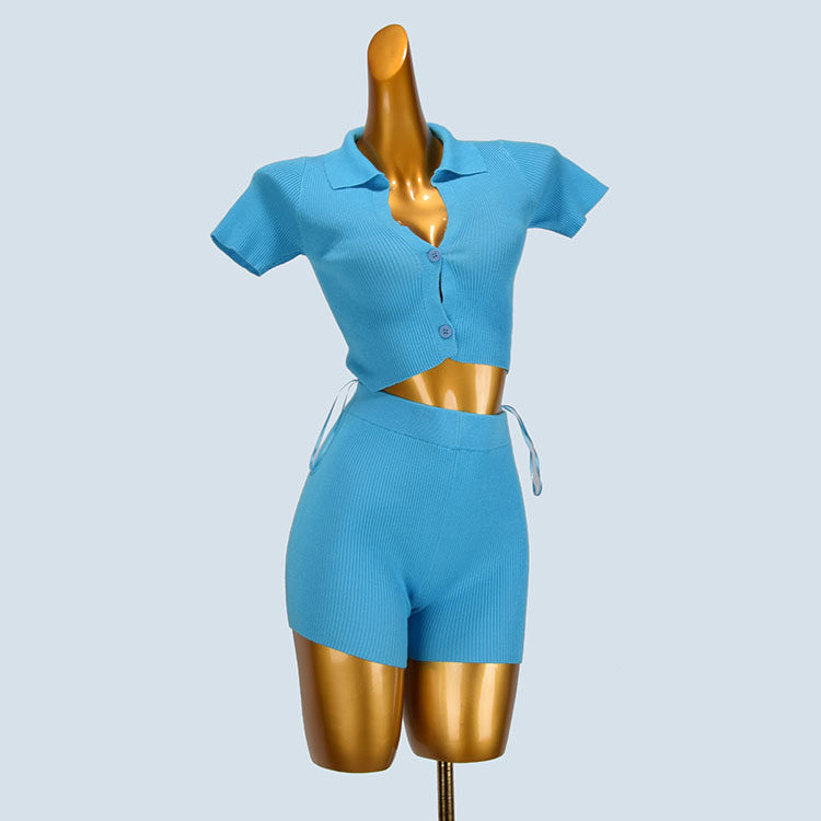 时尚休闲套装女装夏季新款polo领短款针织衫高腰显瘦短裤两件套潮