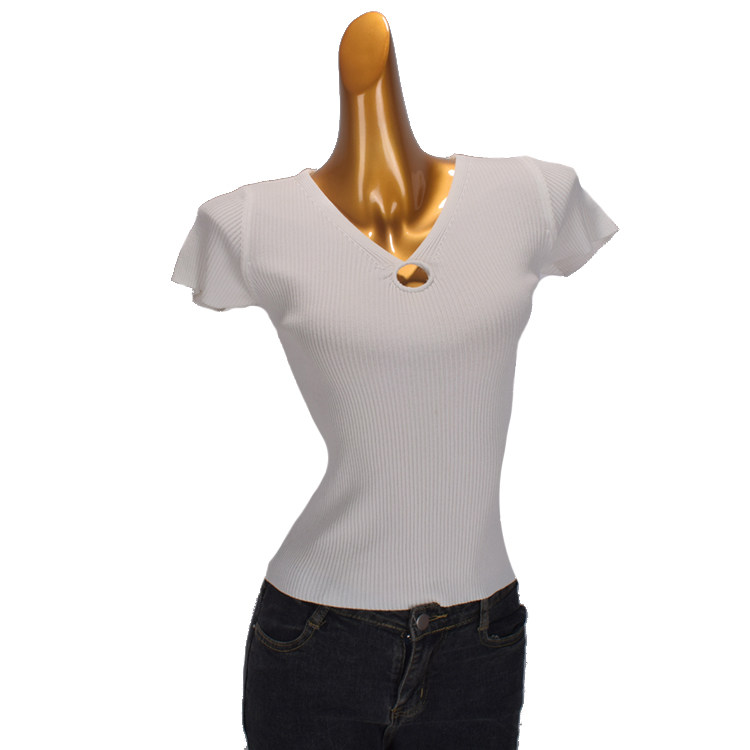 2025夏季V领短袖t恤冰丝针织衫女装修身短款时尚镂空薄款打底上衣