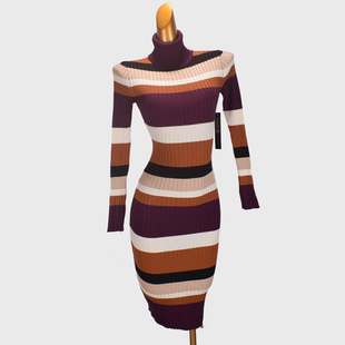 打底包臀裙 v领条纹针织连衣裙女设计感过膝内搭修身 外贸原单 法式