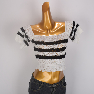法式方领镂空短袖针织衫女装夏季新款设计感小众撞色条纹短款上衣
