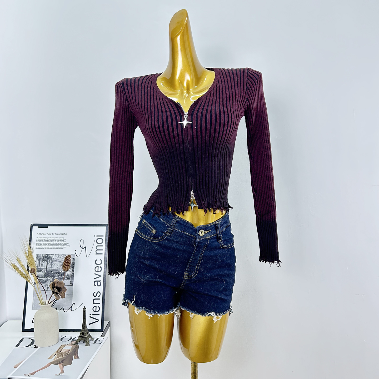 韩系辣妹性感别致扎染针织开衫女秋季新款双拉链破洞修身短款上衣