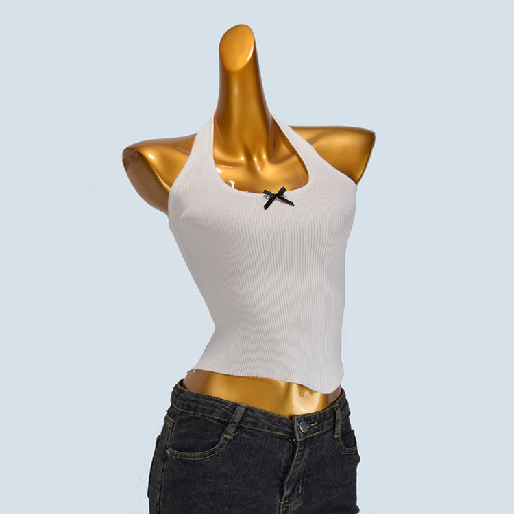 辣妹短款挂脖背心新款针织衫女装夏季性感修身弹力纯欲风无袖上衣