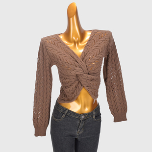马海毛镂空扭结针织衫女 春秋新款设计感V领长袖辣妹修身露脐上衣