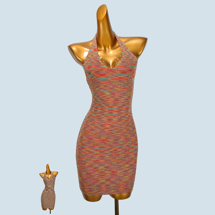 外贸时尚挂脖彩色针织连衣裙女装早春新款修身辣妹性感露背包臀裙