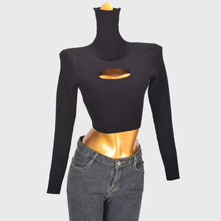 辣妹性感镂空高领打底针织衫女装秋冬新款设计感修身内搭超款上衣