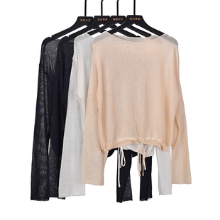 2025夏季新款韩版慵懒风针织衫薄款女宽松长袖短款抽绳打底衫上衣